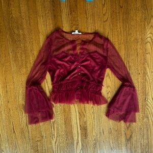 Burgundy Ruffled sheer Long Sleeve Blouse